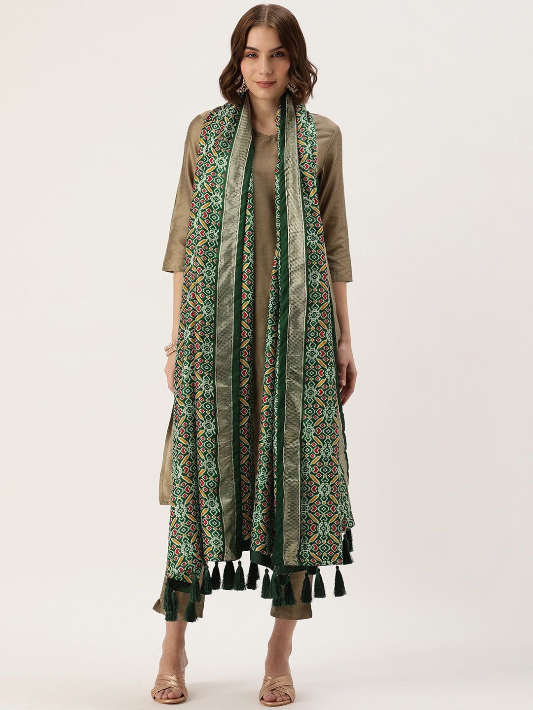Green Color Tusser Silk Patola Printed Dupatta Secondary image