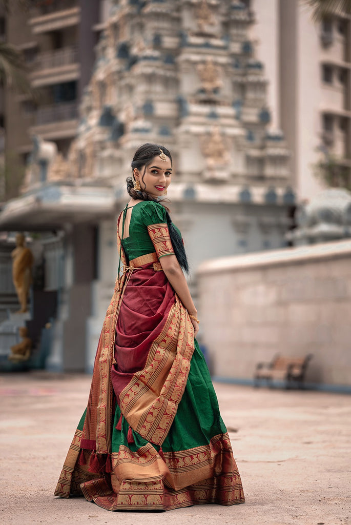 Green Color Zari Weaving Work Narayan Pet Cotton Half Saree Lehenga Clothsvilla