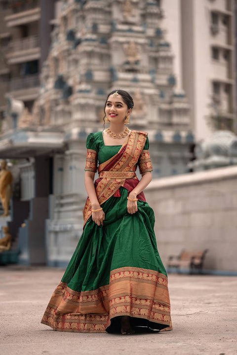 Green Color Zari Weaving Work Narayan Pet Cotton Half Saree Lehenga Clothsvilla Main image