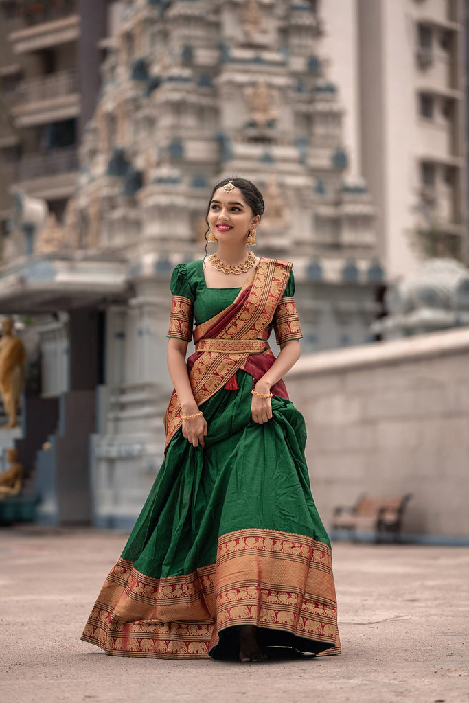 Green Color Zari Weaving Work Narayan Pet Cotton Half Saree Lehenga Clothsvilla