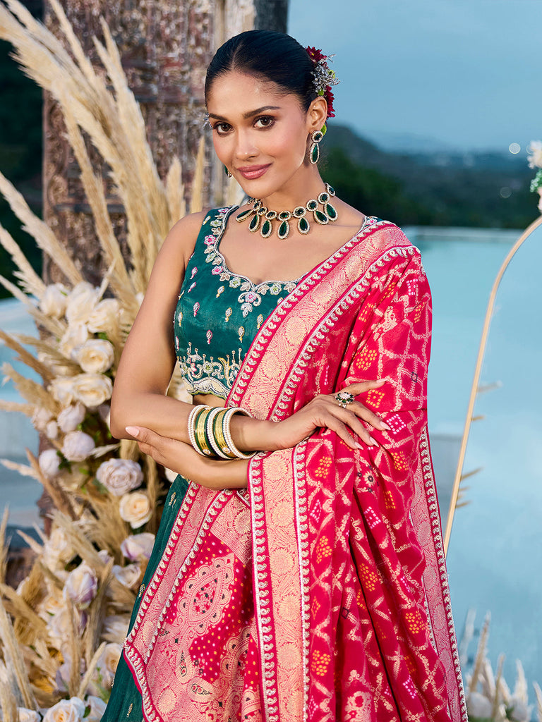 Green Cosmos Silk Lehenga Choli with Red Banarasi Dupatta – Sequin, Coding & Thread Embroidery Work Ready to Wear Bridal & Festive Wear ClothsVilla