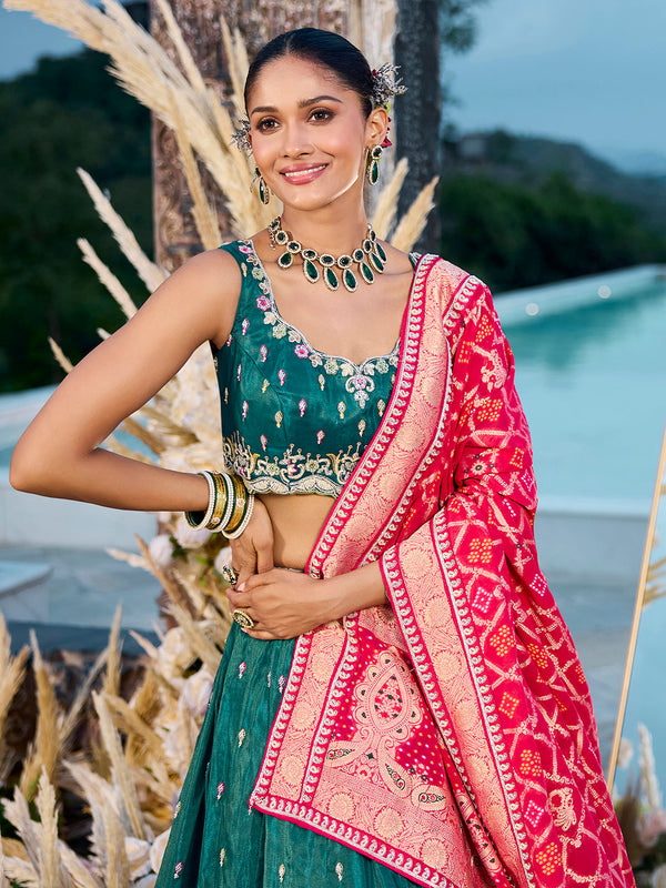 Green Cosmos Silk Lehenga Choli with Red Banarasi Dupatta – Sequin, Coding & Thread Embroidery Work Ready to Wear Bridal & Festive Wear ClothsVilla