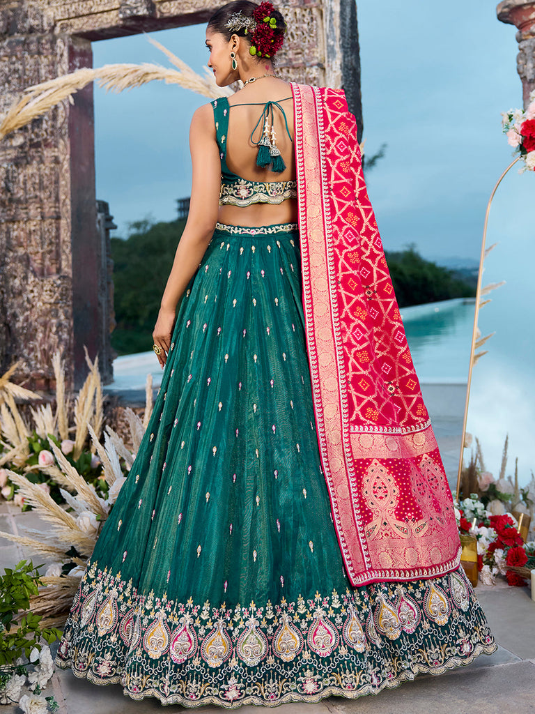 Green Cosmos Silk Lehenga Choli with Red Banarasi Dupatta – Sequin, Coding & Thread Embroidery Work Ready to Wear Bridal & Festive Wear ClothsVilla