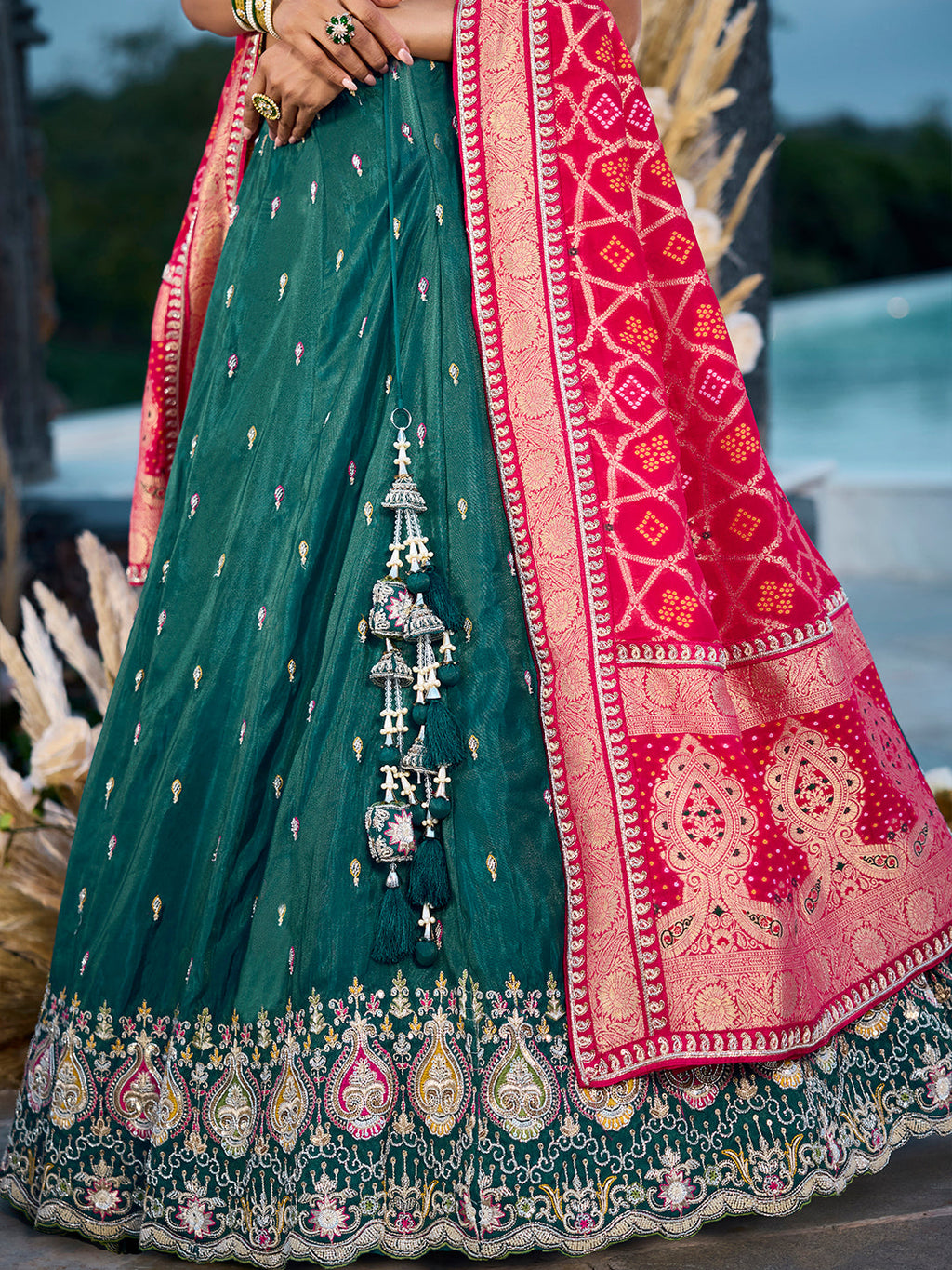 Green Cosmos Silk Lehenga Choli with Red Banarasi Dupatta – Sequin, Coding & Thread Embroidery Work Ready to Wear Bridal & Festive Wear ClothsVilla