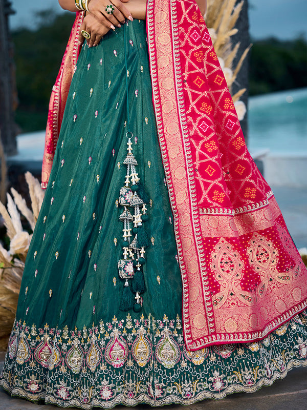Green Cosmos Silk Lehenga Choli with Red Banarasi Dupatta – Sequin, Coding & Thread Embroidery Work Ready to Wear Bridal & Festive Wear ClothsVilla