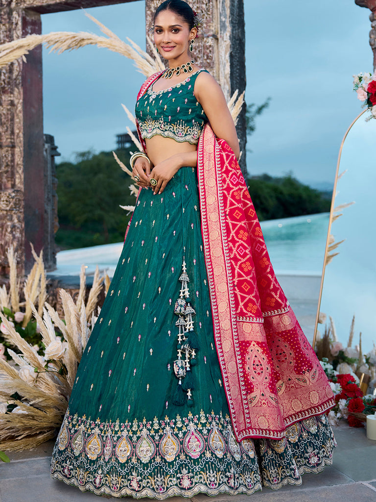 Green Cosmos Silk Lehenga Choli with Red Banarasi Dupatta – Sequin, Coding & Thread Embroidery Work Ready to Wear Bridal & Festive Wear ClothsVilla