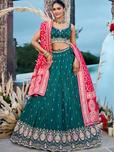 Green Cosmos Silk Lehenga Choli with Red Banarasi Dupatta – Sequin, Coding & Thread Embroidery Work Ready to Wear Bridal & Festive Wear ClothsVilla