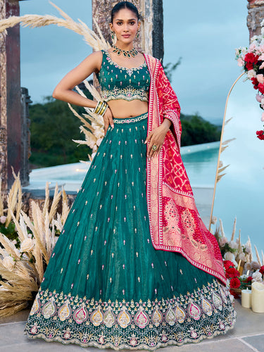 Green Cosmos Silk Lehenga Choli with Red Banarasi Dupatta – Sequin, Coding & Thread Embroidery Work Ready to Wear Bridal & Festive Wear ClothsVilla