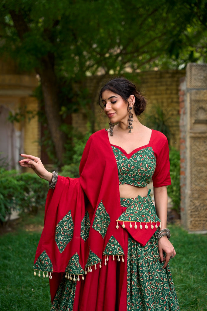 Green Cotton Chaniya Choli with Mirror Work & Cowrie Lace ClothsVilla
