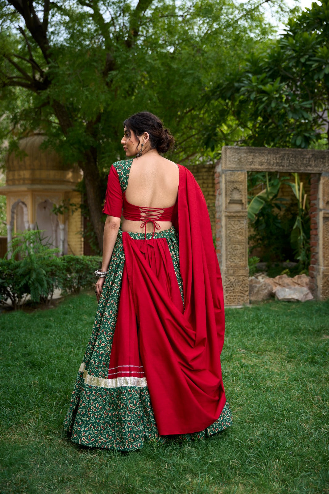 Green Cotton Chaniya Choli with Mirror Work & Cowrie Lace ClothsVilla