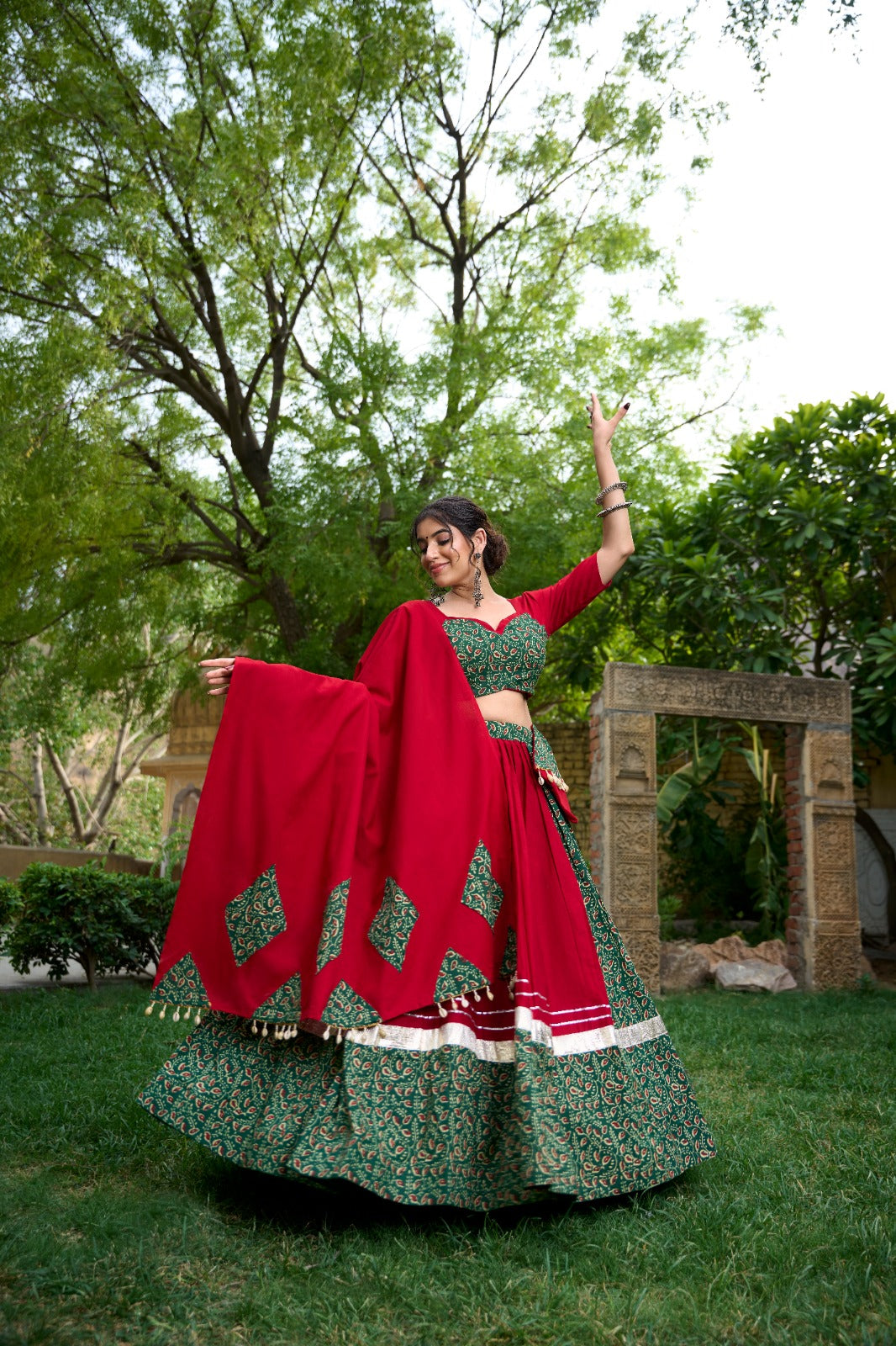 Green Cotton Chaniya Choli with Mirror Work & Cowrie Lace ClothsVilla