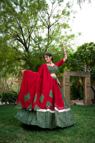 Green Cotton Chaniya Choli with Mirror Work & Cowrie Lace ClothsVilla