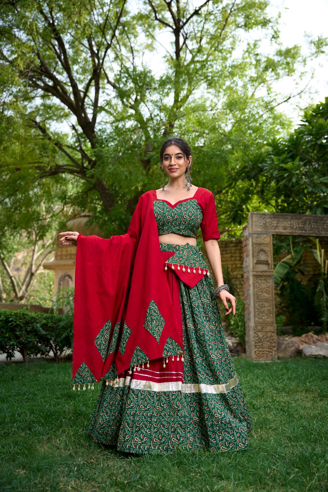 Green Cotton Chaniya Choli with Mirror Work & Cowrie Lace ClothsVilla