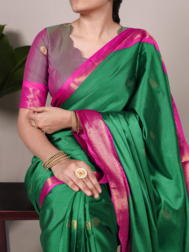 Green Cotton Silk Saree with Paithani Weaving Work & Matching Blouse ClothsVilla