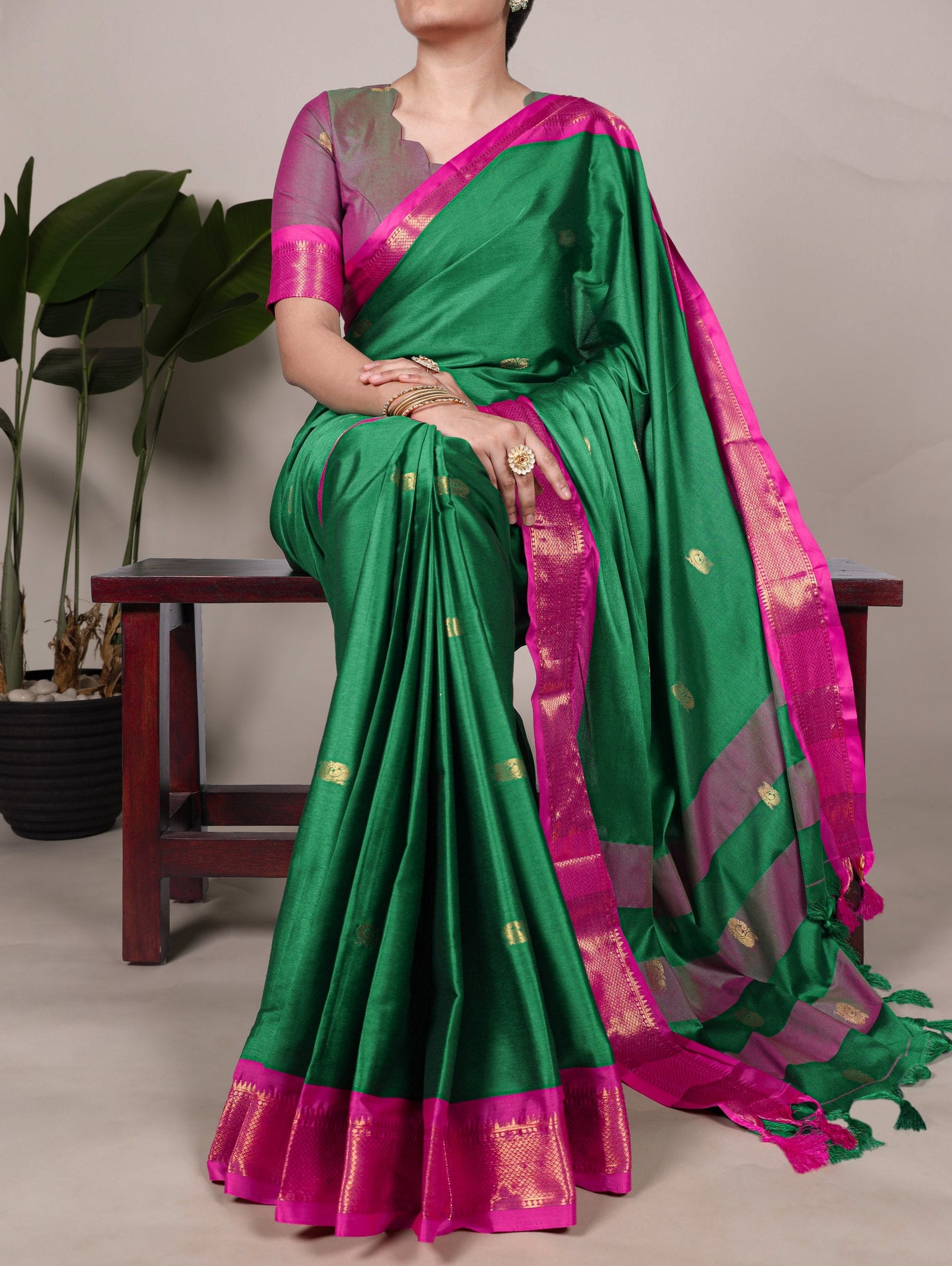 Green Cotton Silk Saree with Paithani Weaving Work & Matching Blouse ClothsVilla