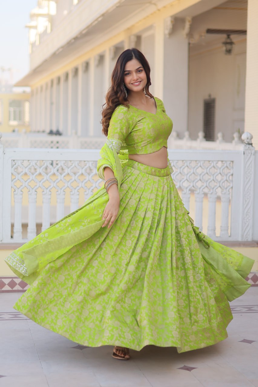 Green Dazzling Designer Dyeable Pure Viscose Jacquard Lehenga Choli Set with Sequins Embroidery ClothsVilla Main image