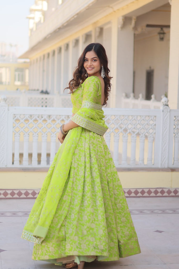 Green Dazzling Designer Dyeable Pure Viscose Jacquard Lehenga Choli Set with Sequins Embroidery ClothsVilla