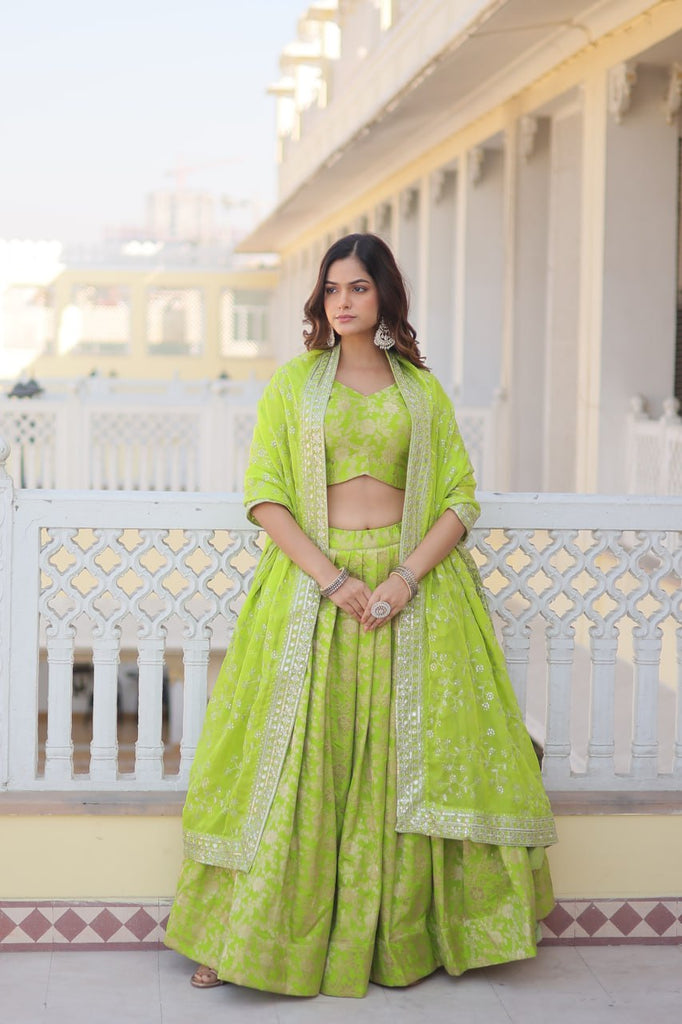 Green Dazzling Designer Dyeable Pure Viscose Jacquard Lehenga Choli Set with Sequins Embroidery ClothsVilla