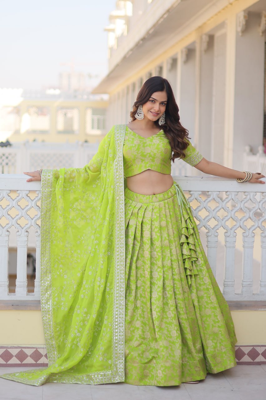 Green Dazzling Designer Dyeable Pure Viscose Jacquard Lehenga Choli Set with Sequins Embroidery ClothsVilla