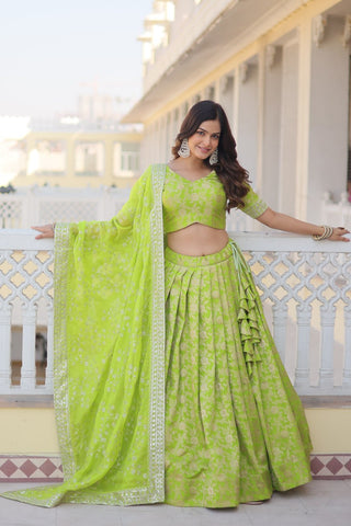 Green Dazzling Designer Dyeable Pure Viscose Jacquard Lehenga Choli Set with Sequins Embroidery ClothsVilla
