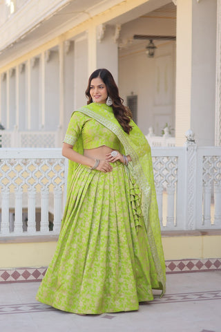 Green Dazzling Designer Dyeable Pure Viscose Jacquard Lehenga Choli Set with Sequins Embroidery ClothsVilla