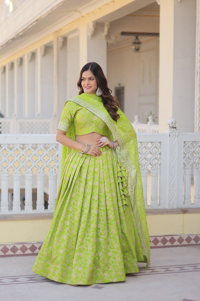 Green Dazzling Designer Dyeable Pure Viscose Jacquard Lehenga Choli Set with Sequins Embroidery ClothsVilla