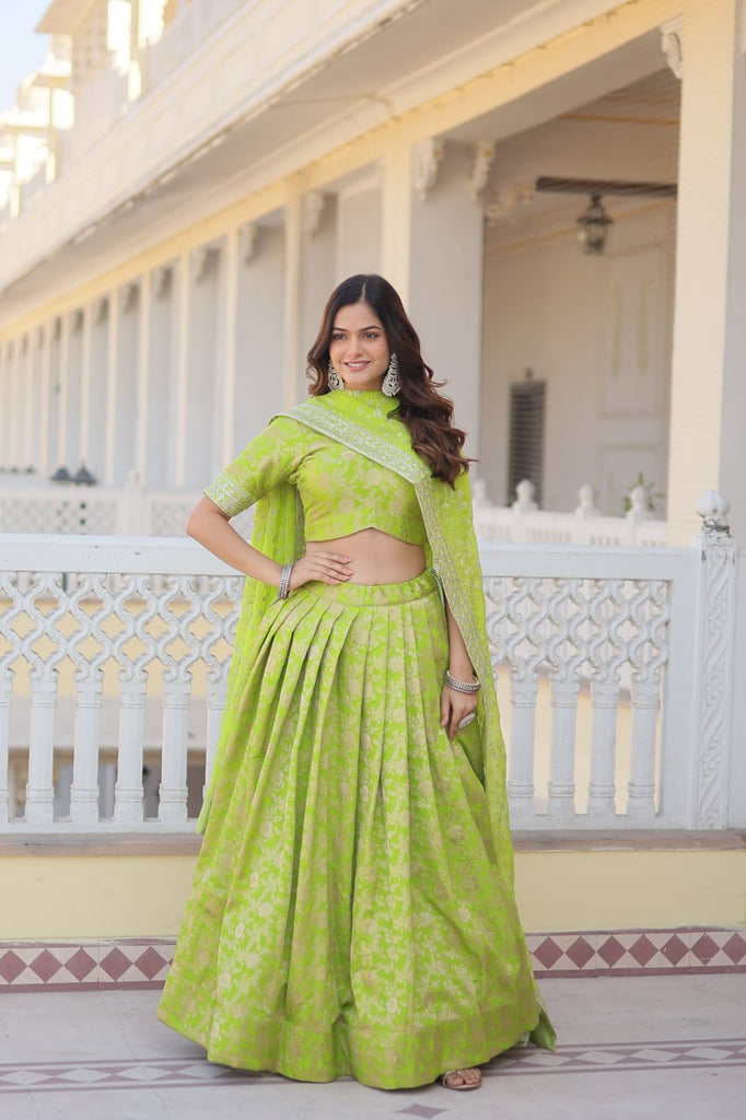 Green Dazzling Designer Dyeable Pure Viscose Jacquard Lehenga Choli Set with Sequins Embroidery ClothsVilla