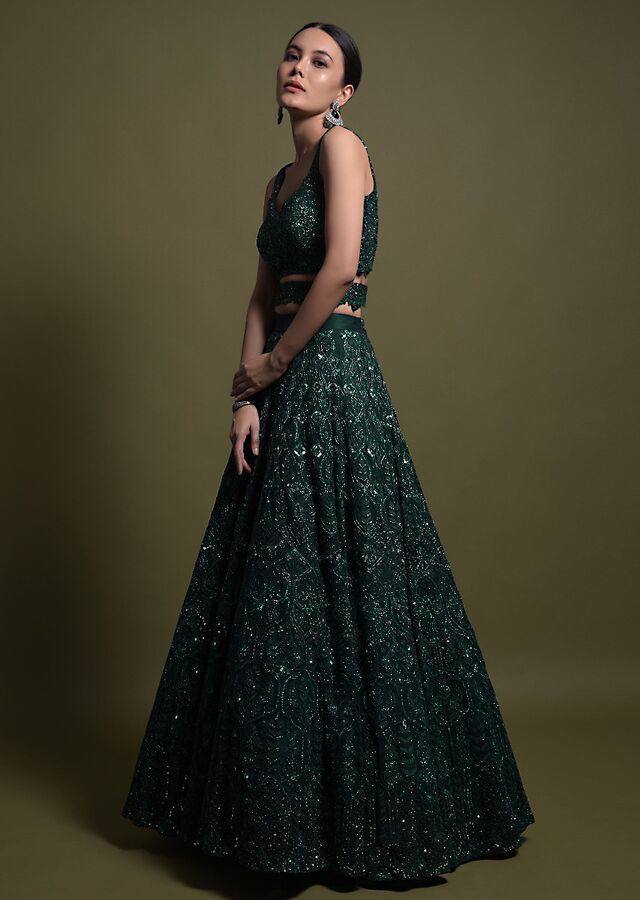 Green Desi Chic Net Lehenga Set with Sequins & Dori Work — Rock the Wedding Season Clothsvilla