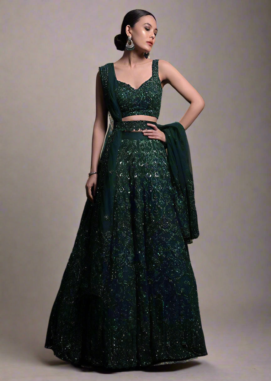 Green Desi Chic Net Lehenga Set with Sequins & Dori Work — Rock the Wedding Season Clothsvilla
