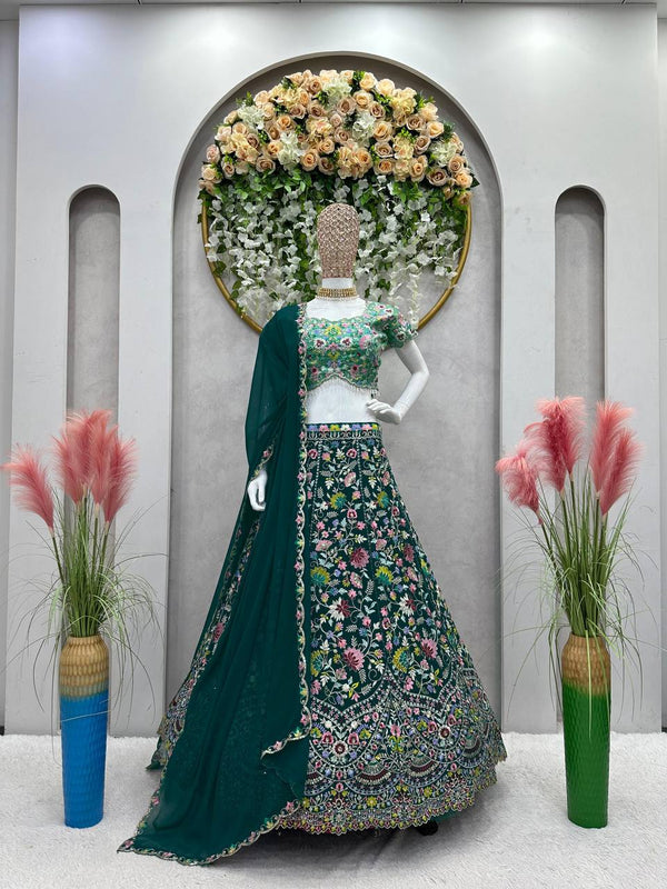 Green Designer Faux Georgette Semi-Stitched Lehenga Choli Set with Sequin Embroidery & Fancy Latkan Work ClothsVilla