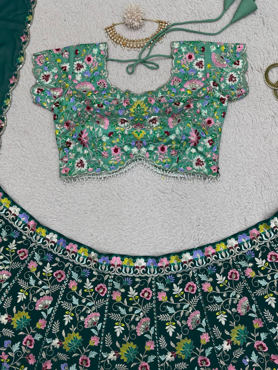 Green Designer Faux Georgette Semi-Stitched Lehenga Choli Set with Sequin Embroidery & Fancy Latkan Work ClothsVilla