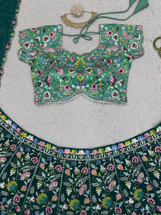 Green Designer Faux Georgette Semi-Stitched Lehenga Choli Set with Sequin Embroidery & Fancy Latkan Work ClothsVilla