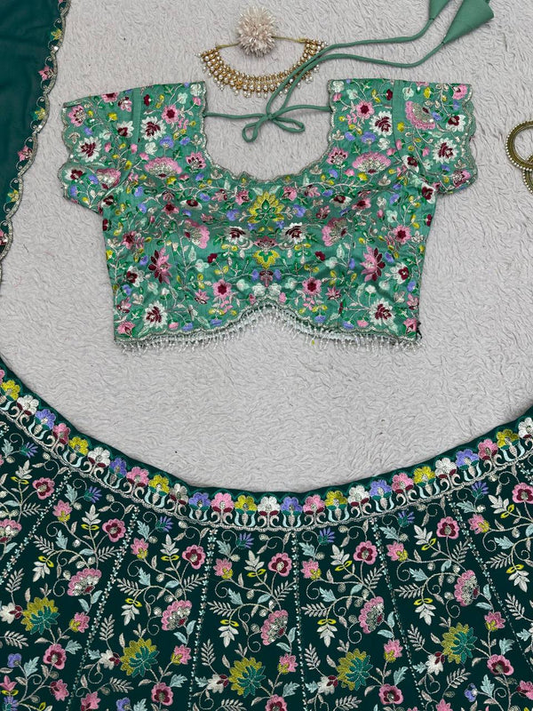 Green Designer Faux Georgette Semi-Stitched Lehenga Choli Set with Sequin Embroidery & Fancy Latkan Work ClothsVilla