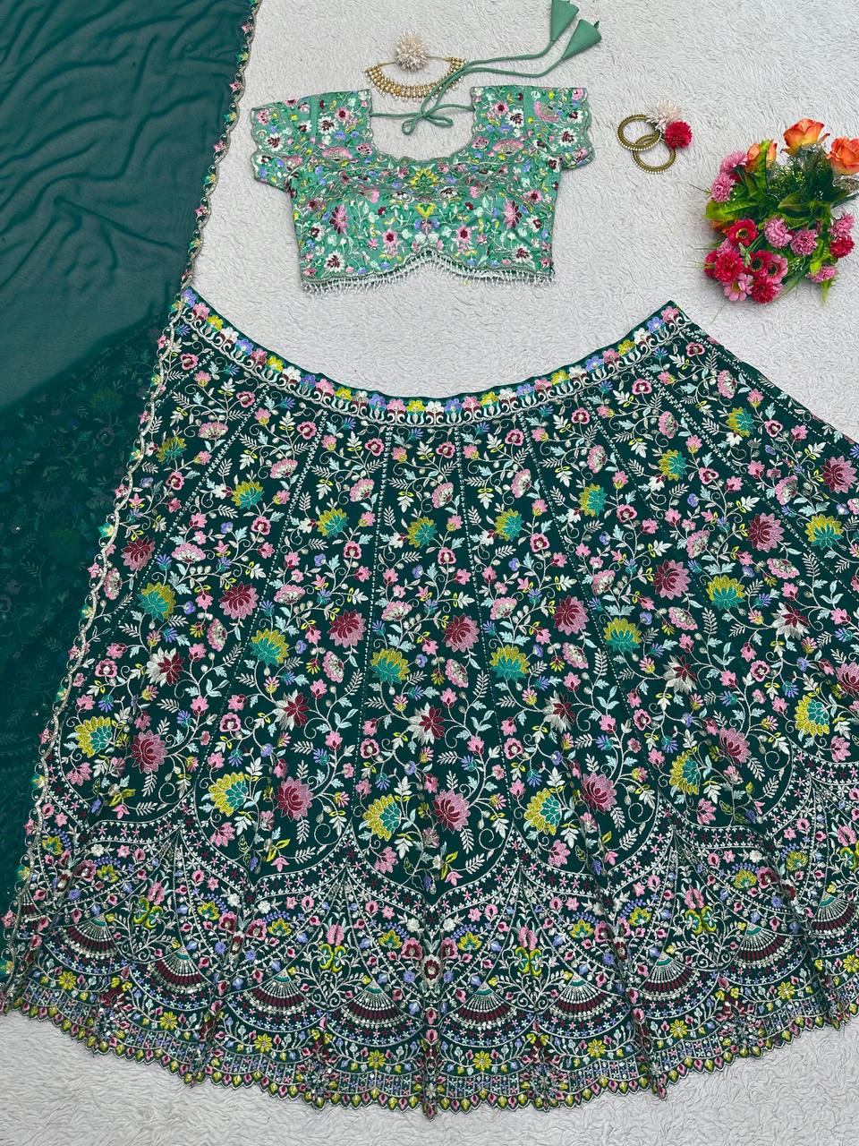 Green Designer Faux Georgette Semi-Stitched Lehenga Choli Set with Sequin Embroidery & Fancy Latkan Work ClothsVilla