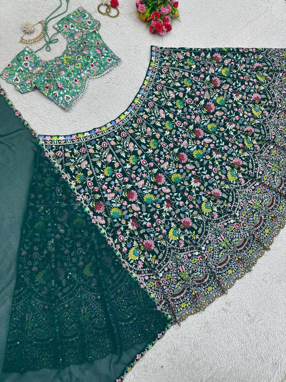 Green Designer Faux Georgette Semi-Stitched Lehenga Choli Set with Sequin Embroidery & Fancy Latkan Work ClothsVilla