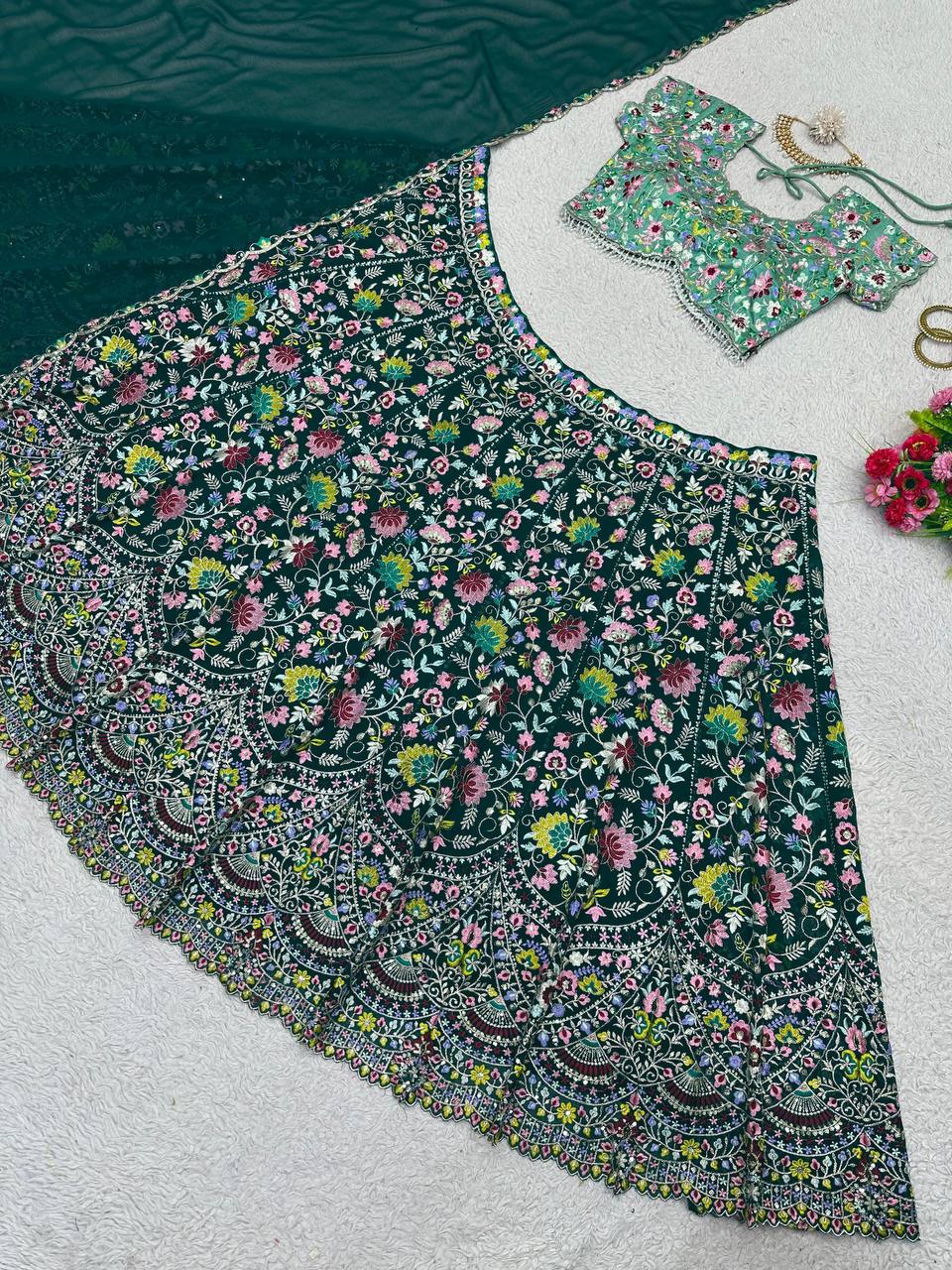 Green Designer Faux Georgette Semi-Stitched Lehenga Choli Set with Sequin Embroidery & Fancy Latkan Work ClothsVilla