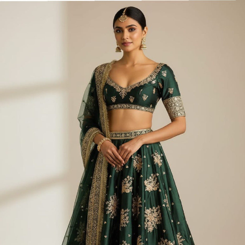 Green Designer French Crepe Lehenga Choli & Dupatta ClothsVilla