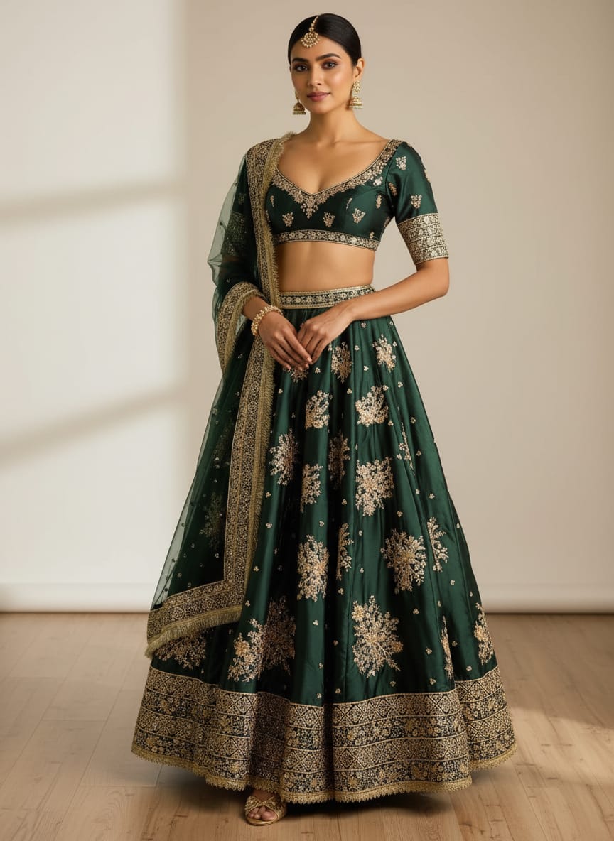 Green Designer French Crepe Lehenga Choli & Dupatta ClothsVilla