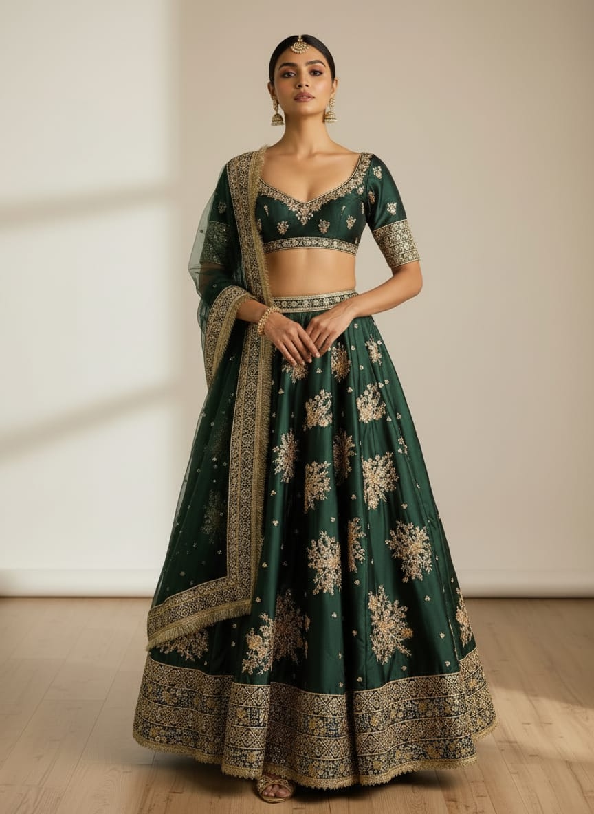 Green Designer French Crepe Lehenga Choli & Dupatta ClothsVilla