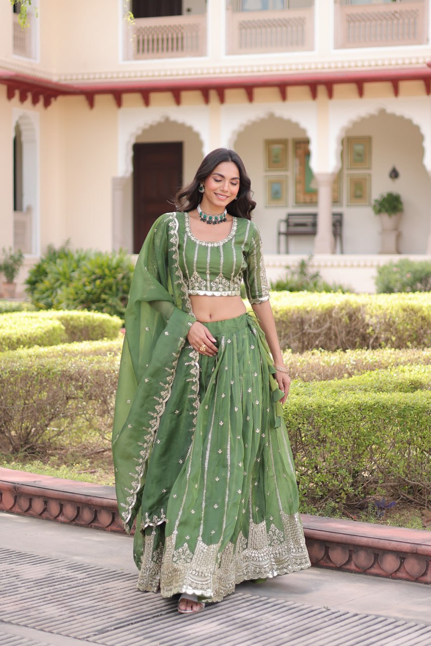 Green Designer Gold Crush Sequins & Zari Embroidered Lehenga Choli Set with 3-Meter Flair & Lace Border Dupatta – Semi-Stitched Festive & Wedding Wear ClothsVilla