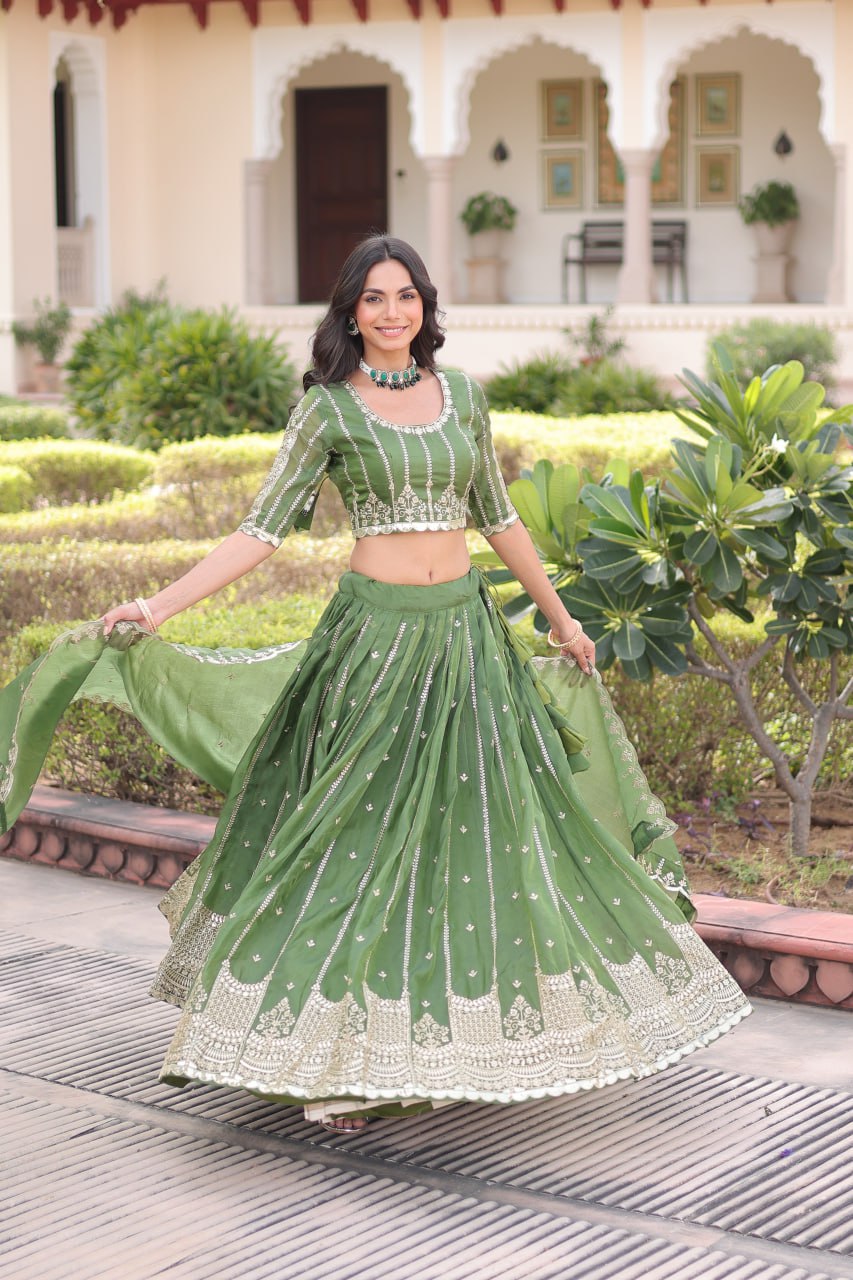 Green Designer Gold Crush Sequins & Zari Embroidered Lehenga Choli Set with 3-Meter Flair & Lace Border Dupatta – Semi-Stitched Festive & Wedding Wear ClothsVilla