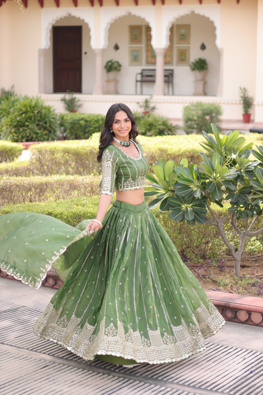 Green Designer Gold Crush Sequins & Zari Embroidered Lehenga Choli Set with 3-Meter Flair & Lace Border Dupatta – Semi-Stitched Festive & Wedding Wear ClothsVilla