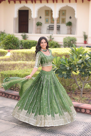 Green Designer Gold Crush Sequins & Zari Embroidered Lehenga Choli Set with 3-Meter Flair & Lace Border Dupatta – Semi-Stitched Festive & Wedding Wear ClothsVilla