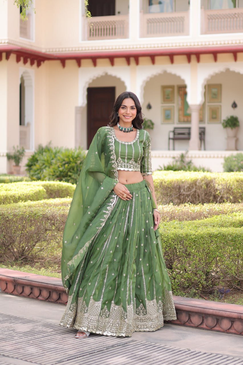 Green Designer Gold Crush Sequins & Zari Embroidered Lehenga Choli Set with 3-Meter Flair & Lace Border Dupatta – Semi-Stitched Festive & Wedding Wear ClothsVilla