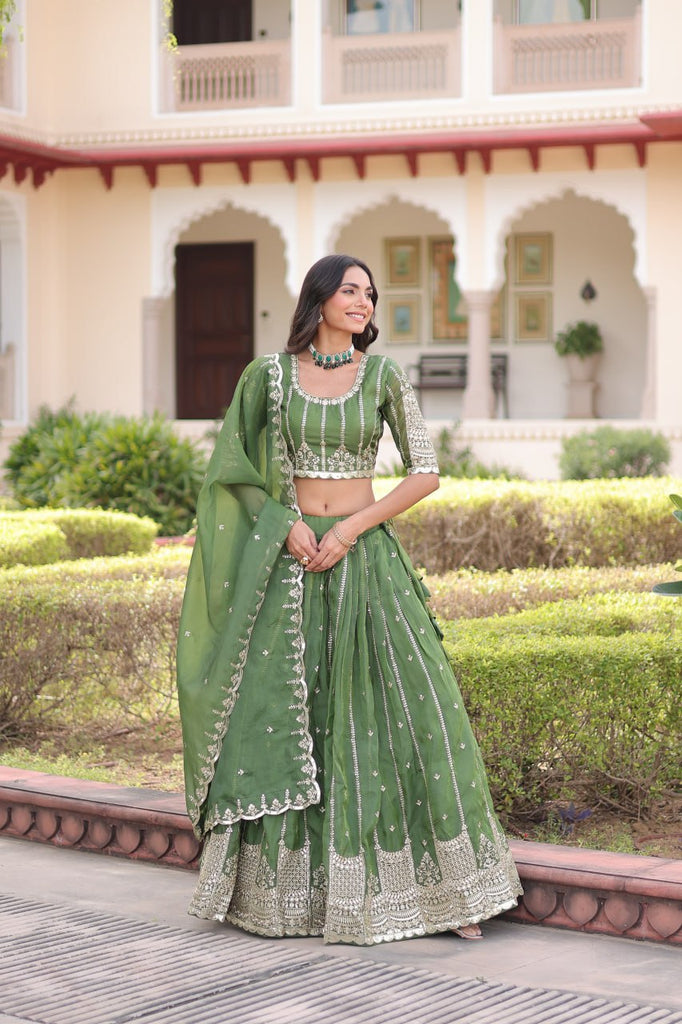 Green Designer Gold Crush Sequins & Zari Embroidered Lehenga Choli Set with 3-Meter Flair & Lace Border Dupatta – Semi-Stitched Festive & Wedding Wear ClothsVilla