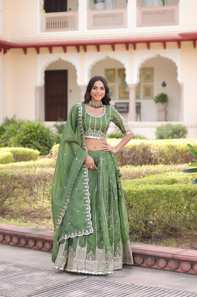 Green Designer Gold Crush Sequins & Zari Embroidered Lehenga Choli Set with 3-Meter Flair & Lace Border Dupatta – Semi-Stitched Festive & Wedding Wear ClothsVilla