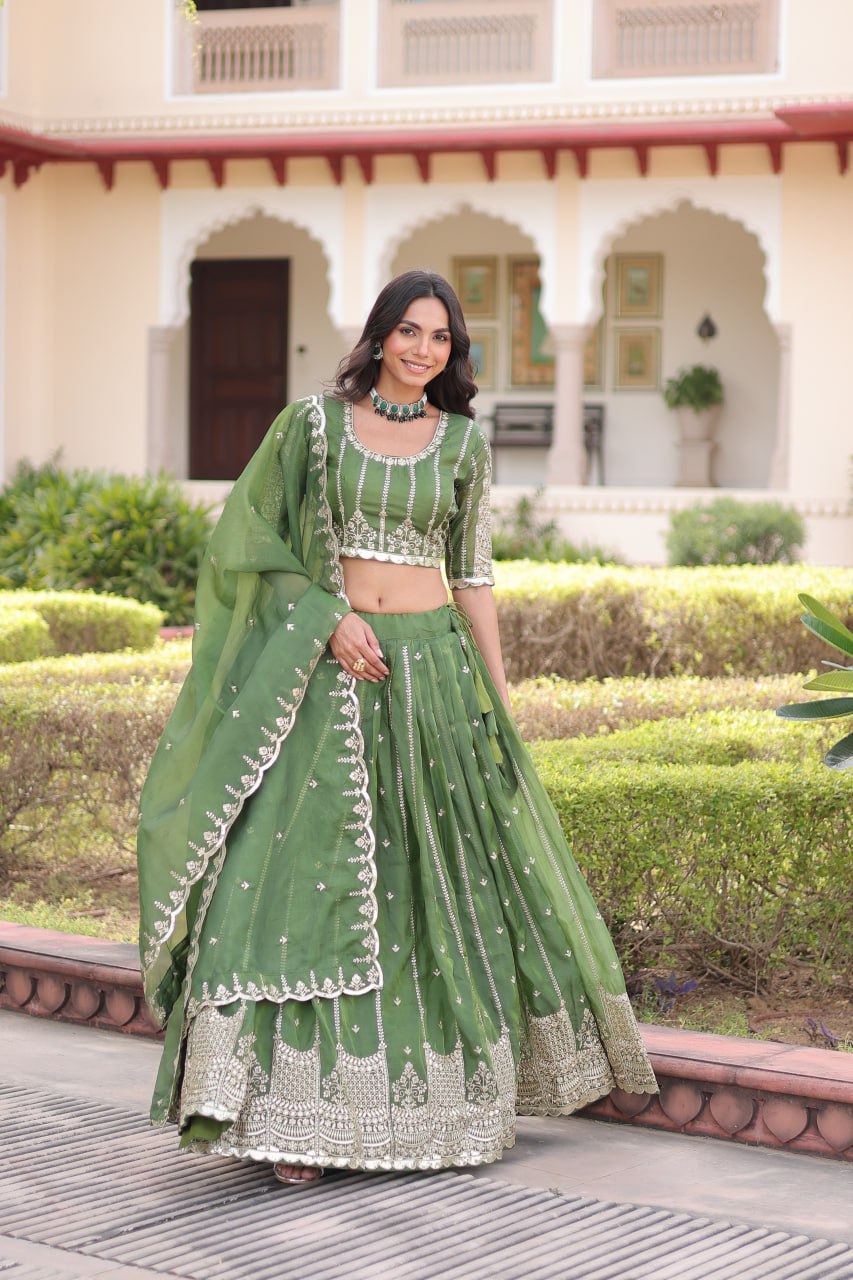 Green Designer Gold Crush Sequins & Zari Embroidered Lehenga Choli Set with 3-Meter Flair & Lace Border Dupatta – Semi-Stitched Festive & Wedding Wear ClothsVilla