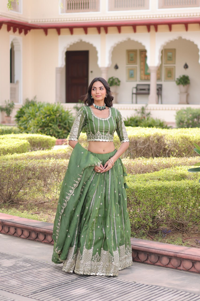 Green Designer Gold Crush Sequins & Zari Embroidered Lehenga Choli Set with 3-Meter Flair & Lace Border Dupatta – Semi-Stitched Festive & Wedding Wear ClothsVilla