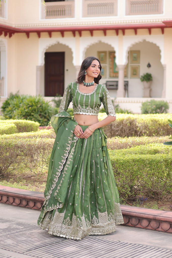 Green Designer Gold Crush Sequins & Zari Embroidered Lehenga Choli Set with 3-Meter Flair & Lace Border Dupatta – Semi-Stitched Festive & Wedding Wear ClothsVilla