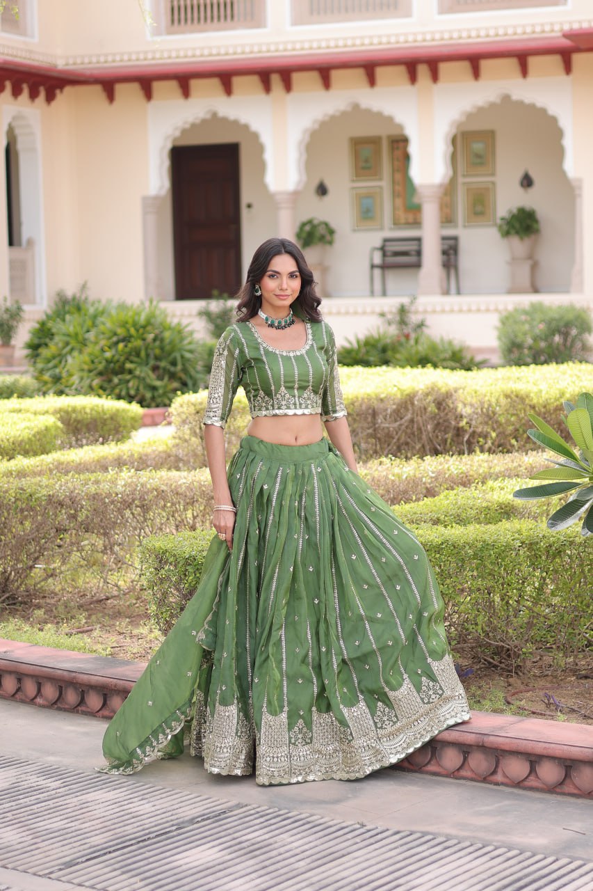 Green Designer Gold Crush Sequins & Zari Embroidered Lehenga Choli Set with 3-Meter Flair & Lace Border Dupatta – Semi-Stitched Festive & Wedding Wear ClothsVilla